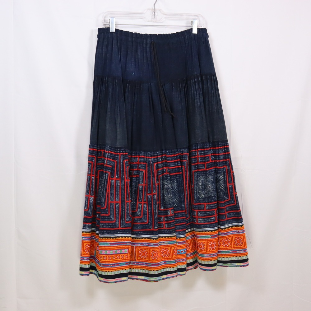 Handmade Embroidered Maxi Skirt OS Blue Womens Boho Folk Hmong